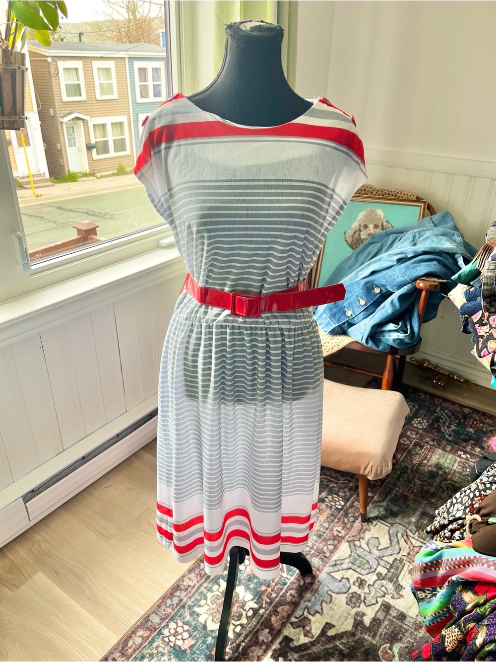 Striped 90s Vintage Red & White Belted Summer Dress  - Size Large